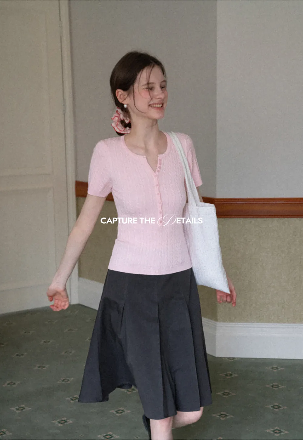 Cable Knit Short Sleeve V Neck Sweater