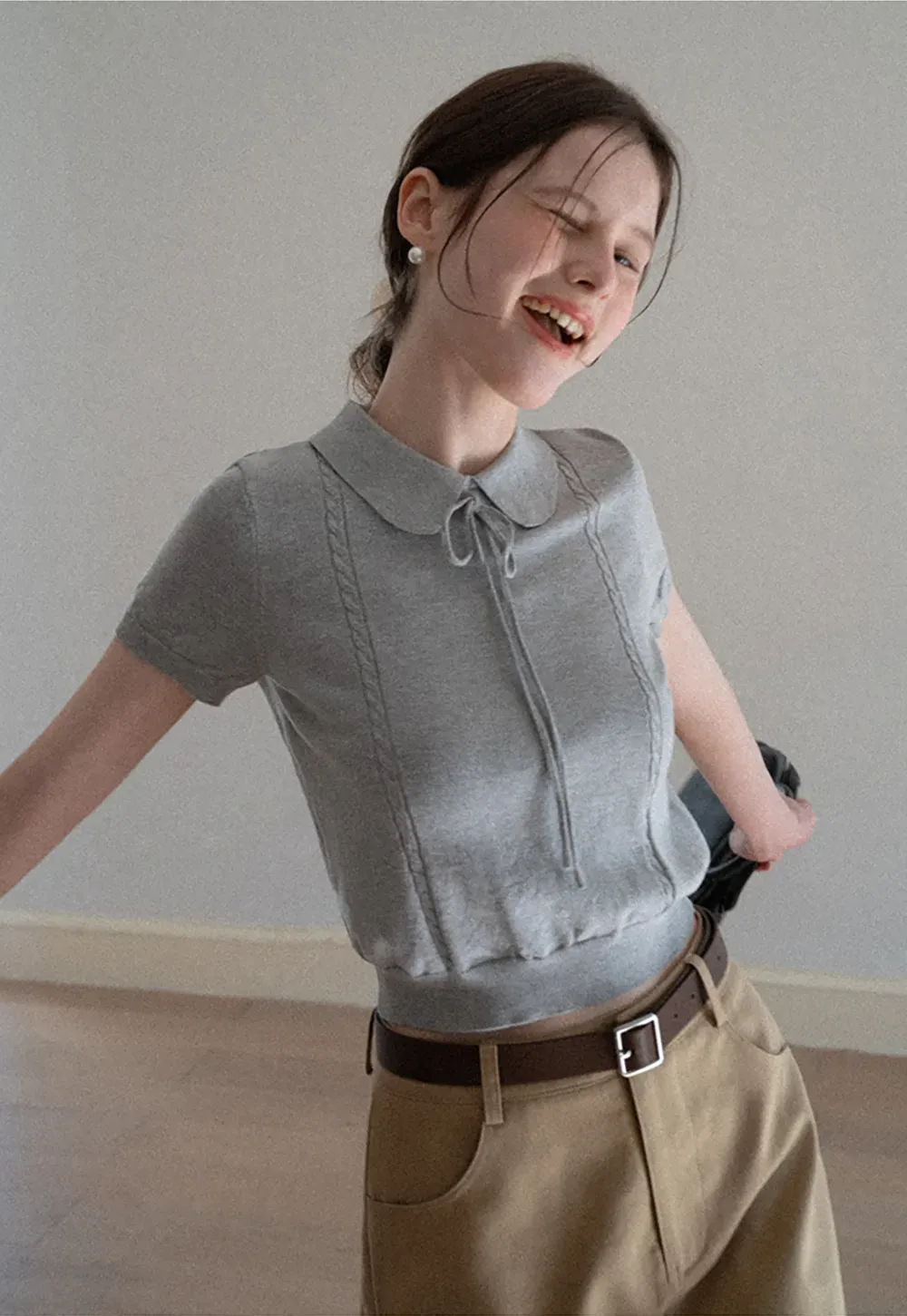 Short Sleeve Knit Top with Collar and Drawstring