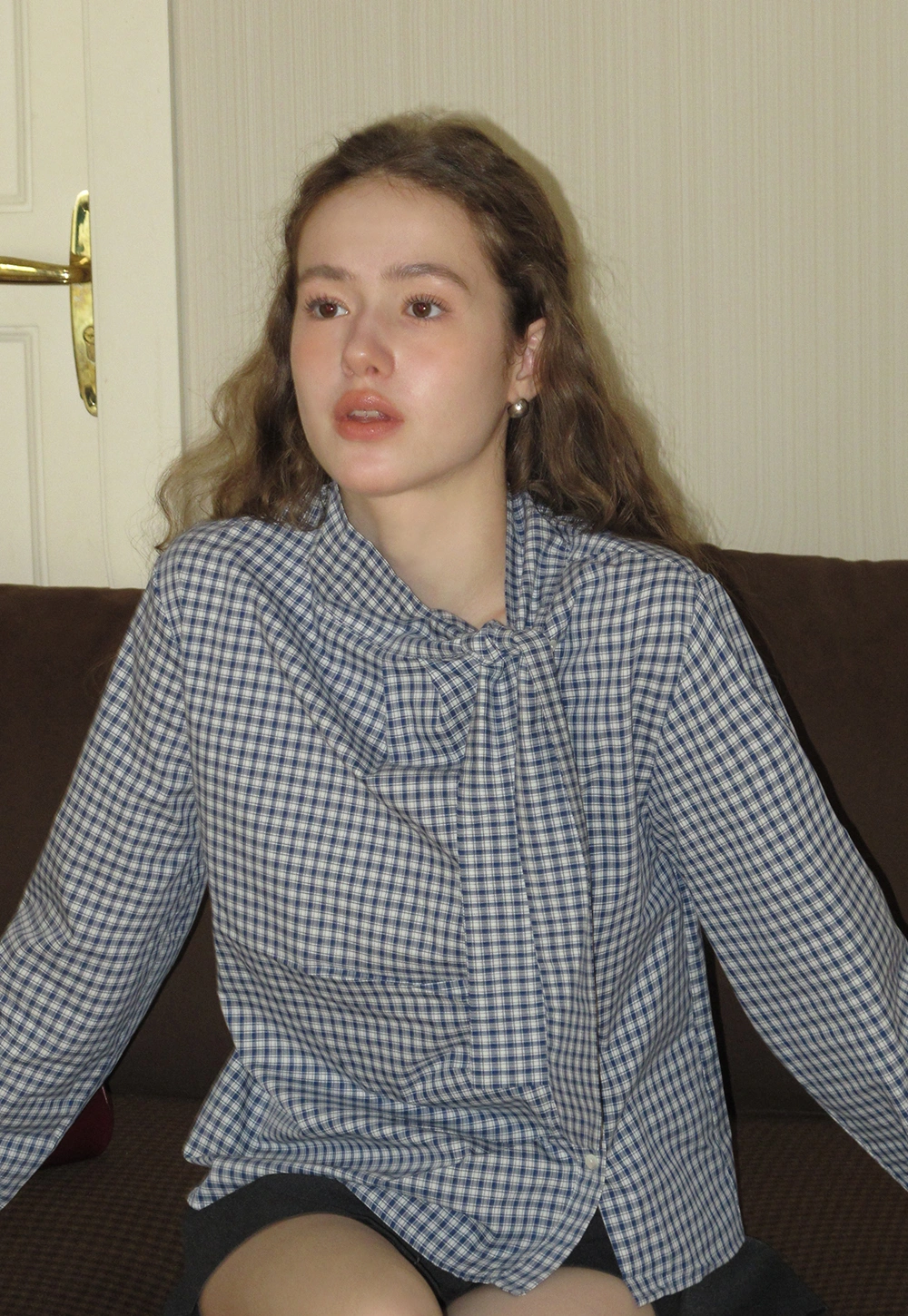 Womens Gingham Bow Tie Blouse Long Sleeve Shirt