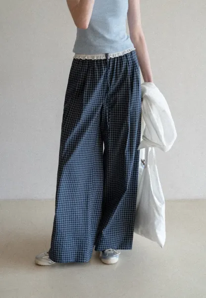 Wide Leg Plaid Casual Pants with Ruffled Waistband