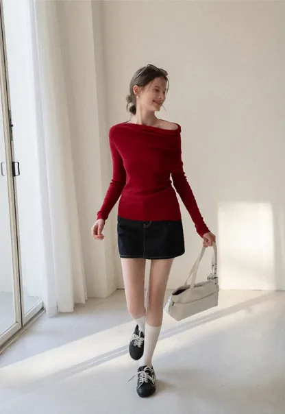 Elegant Off Shoulder Knit Top with Asymmetrical Design