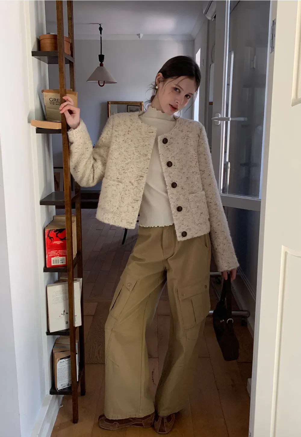 Textured Short Jacket with Long Sleeves and Round Neck