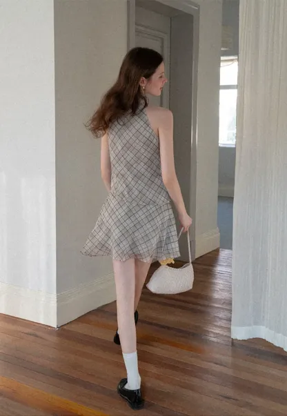 Plaid Halter Neck Wrap Dress with Side Tie