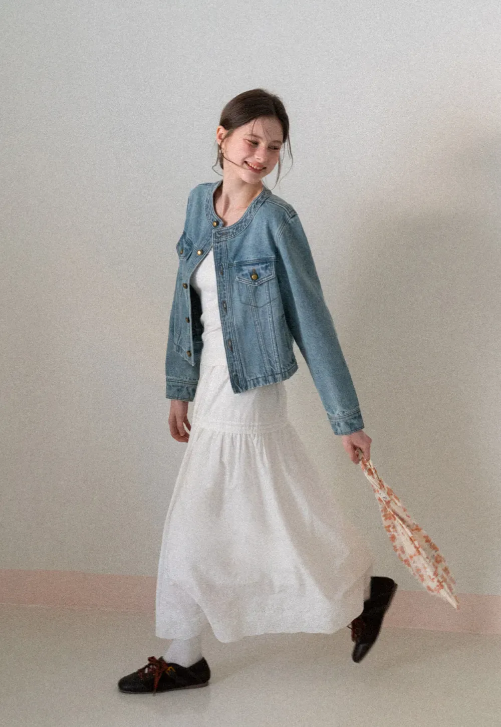 Denim short jacket with button front and chest pockets