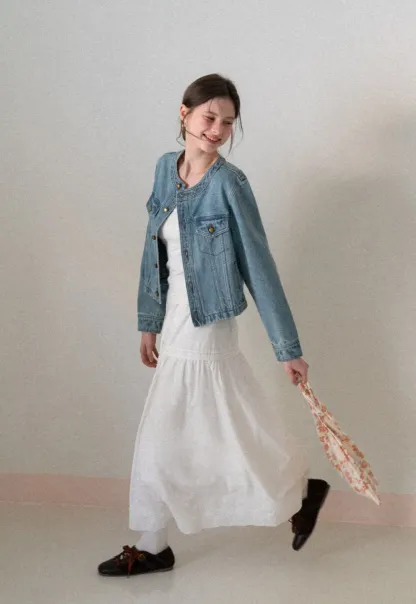 Denim short jacket with button front and chest pockets