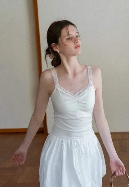 Lace Trimmed V Neck Camisole with Ruched Detail