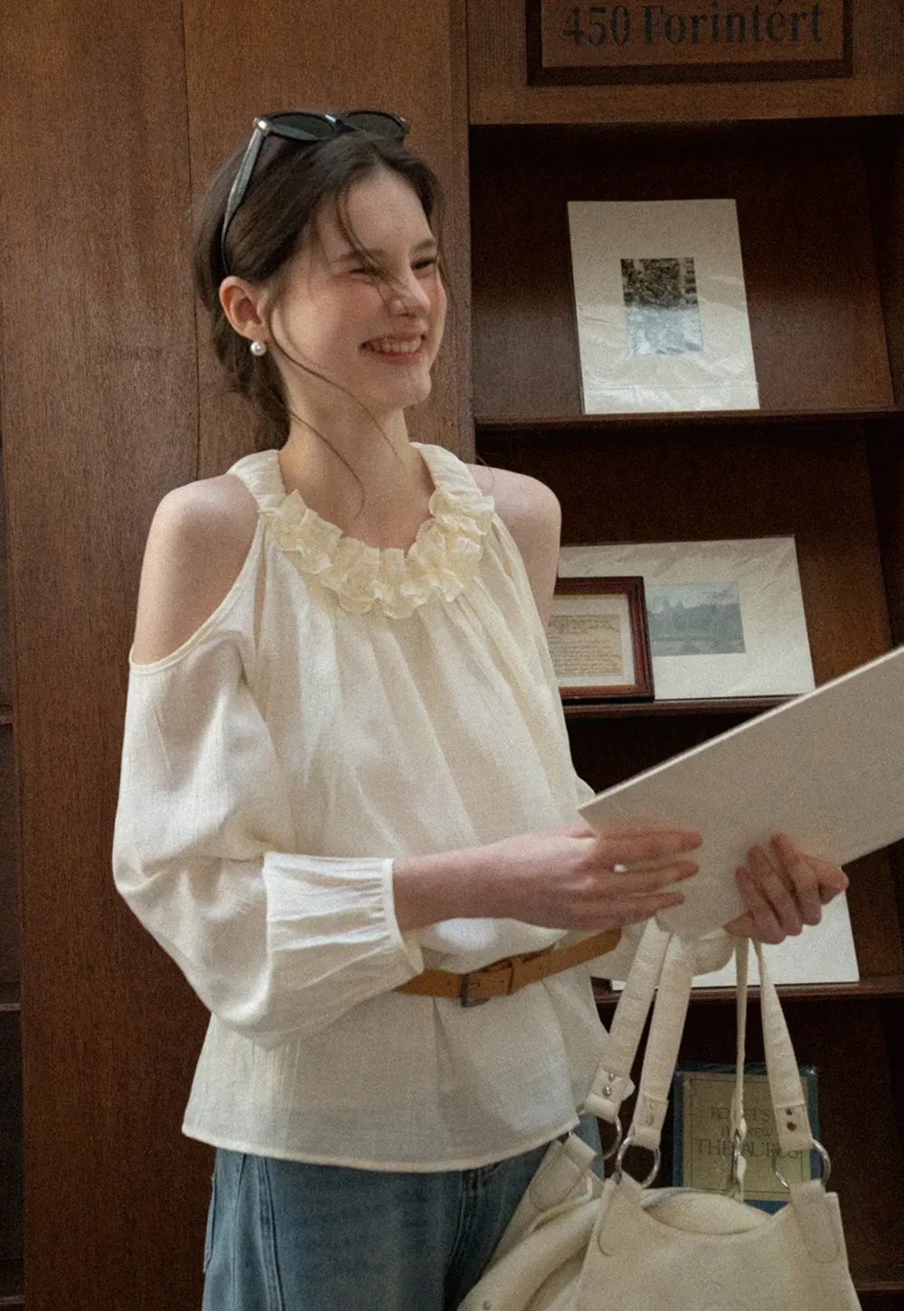 Lace Chiffon Blouse with Ruffled Neck and Cold Shoulder