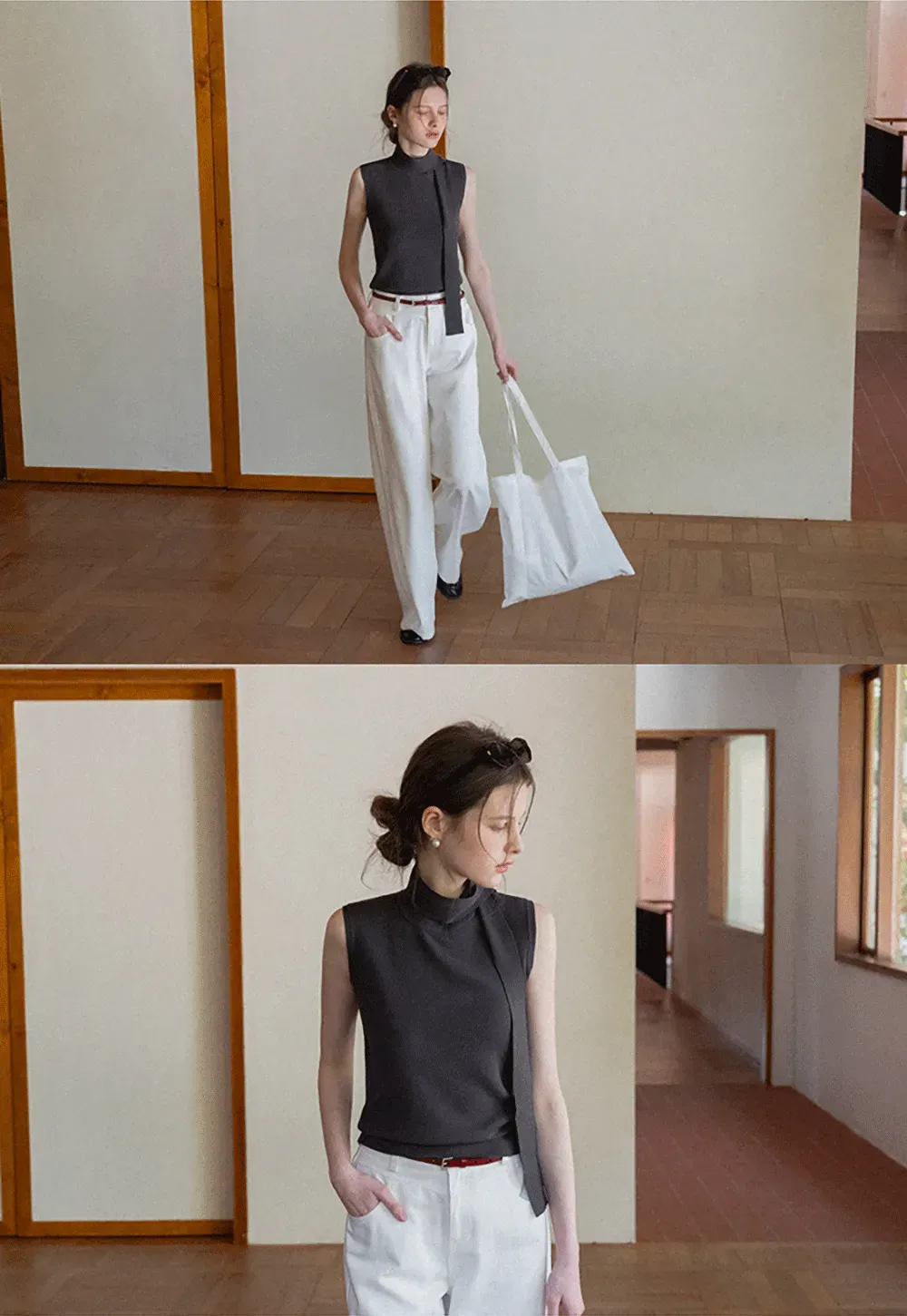 Sleeveless high neck knit top with side tie detail