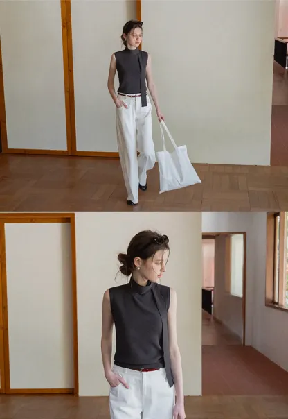 Sleeveless high neck knit top with side tie detail