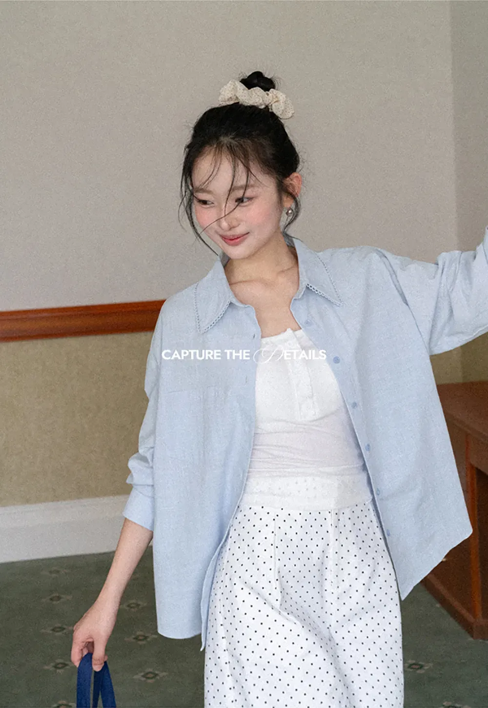 Lightweight long sleeve button front shirt with lace trim