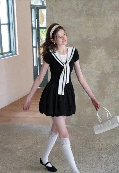 Sailor Collar Short Sleeve Flared Dress