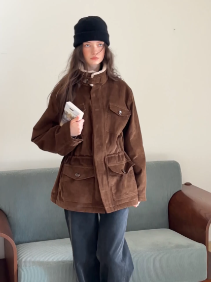 Women Casual Brown Corduroy Coat with Fleece Lining
