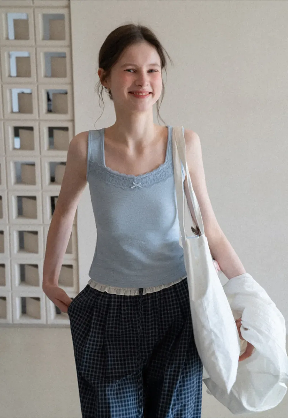 Wide Leg Plaid Casual Pants with Ruffled Waistband