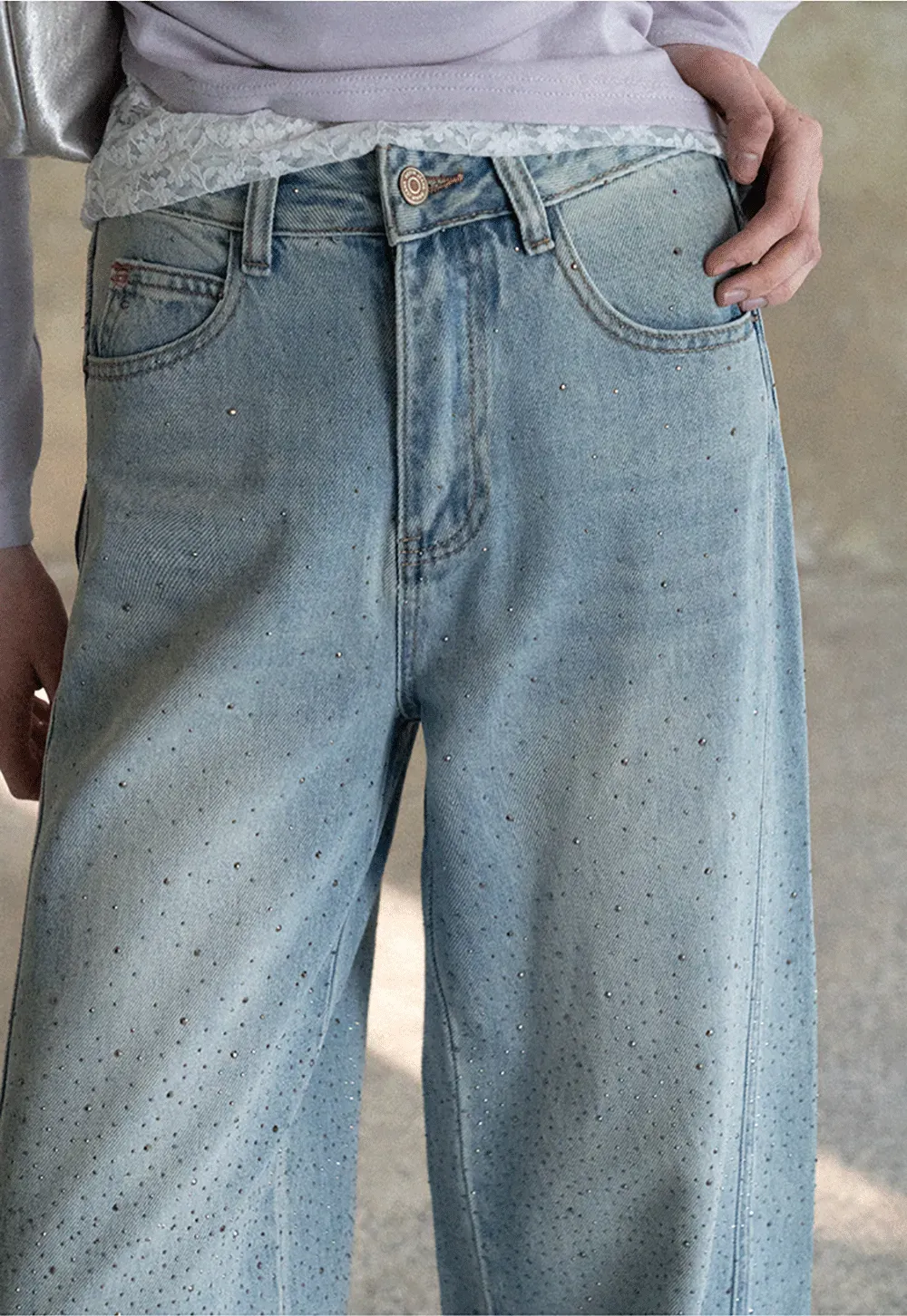 Wide leg jeans with subtle dot embellishments