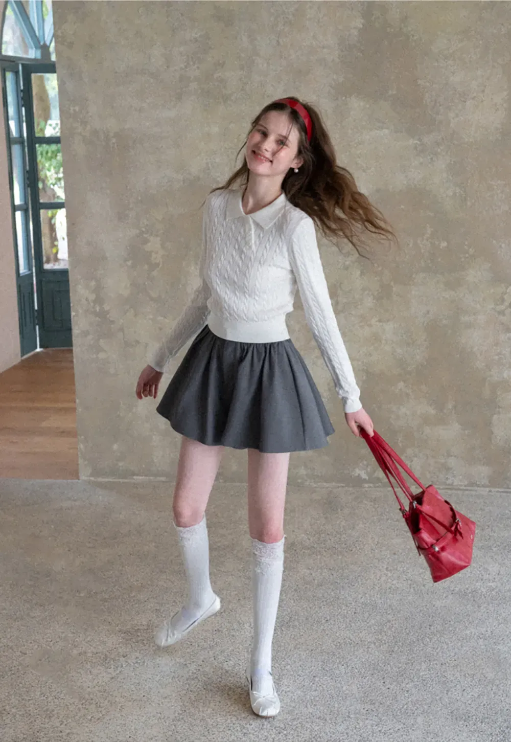 Cable Knit Long Sleeve Polo Neck Cropped Sweater