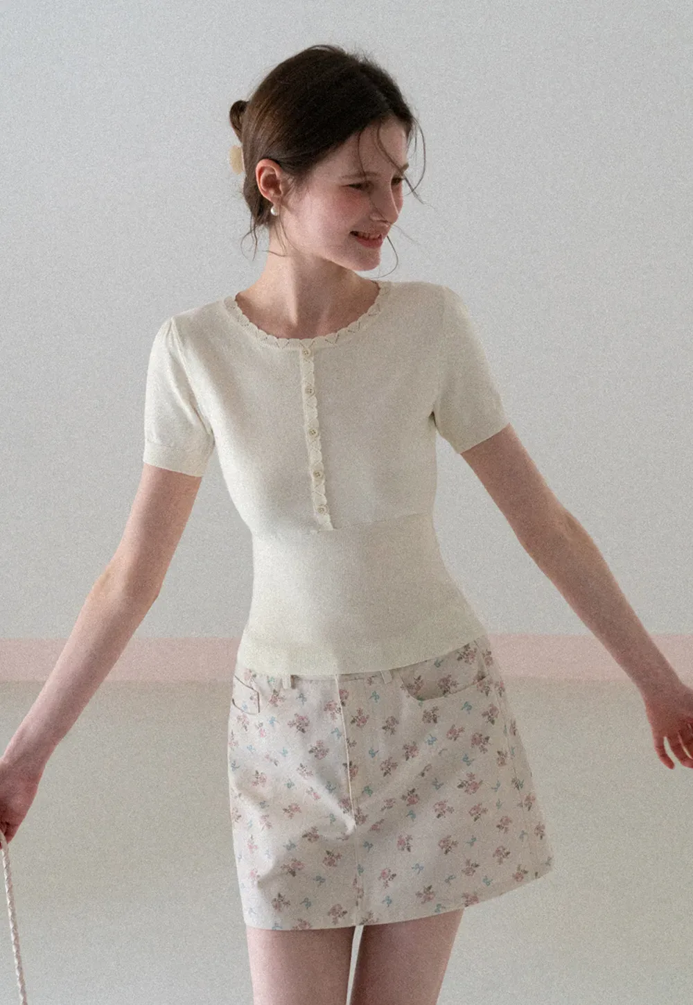 Short Sleeve Knit Top with Lace Trim and Button Placket