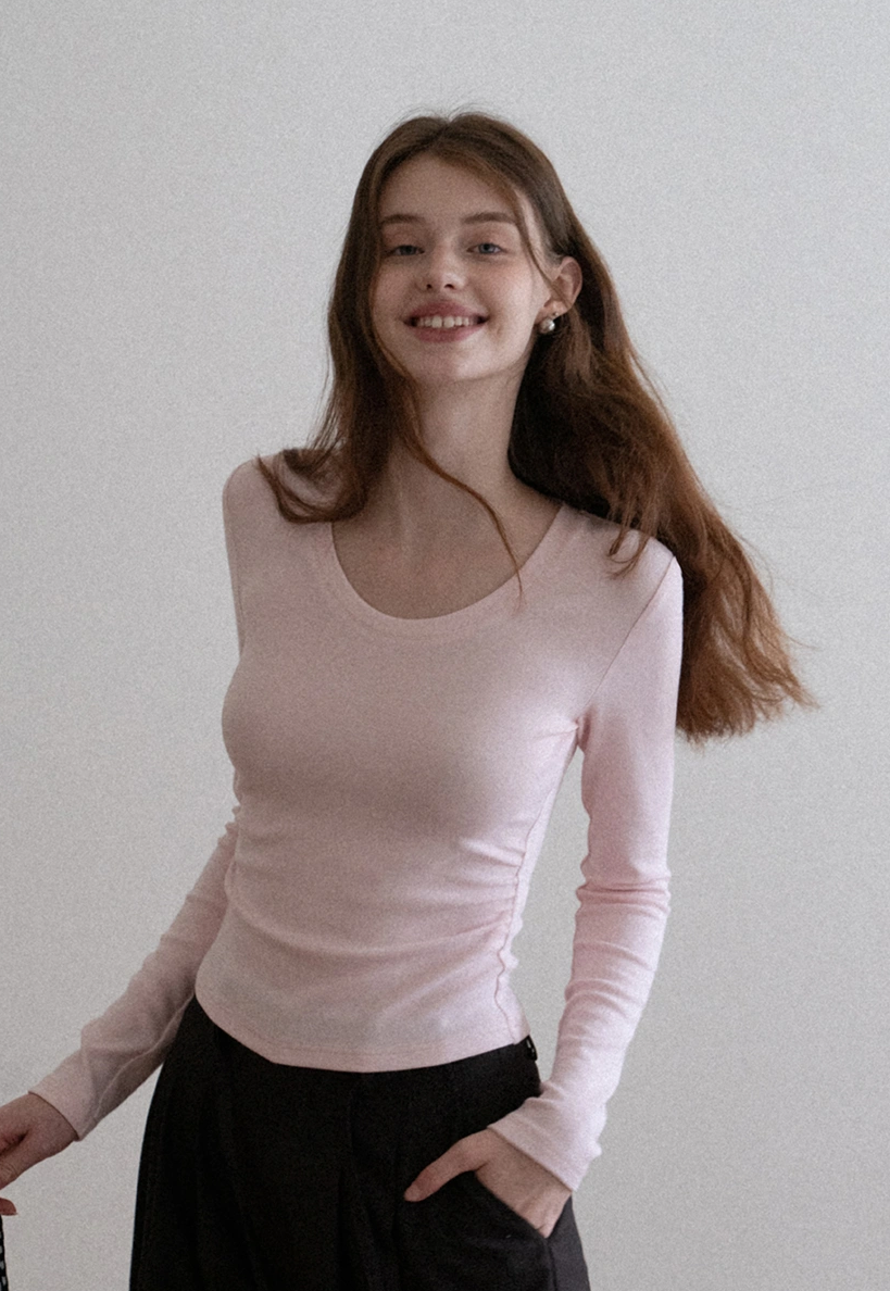 Women Long Sleeve Side Ruched Scoop Neck Crop Top