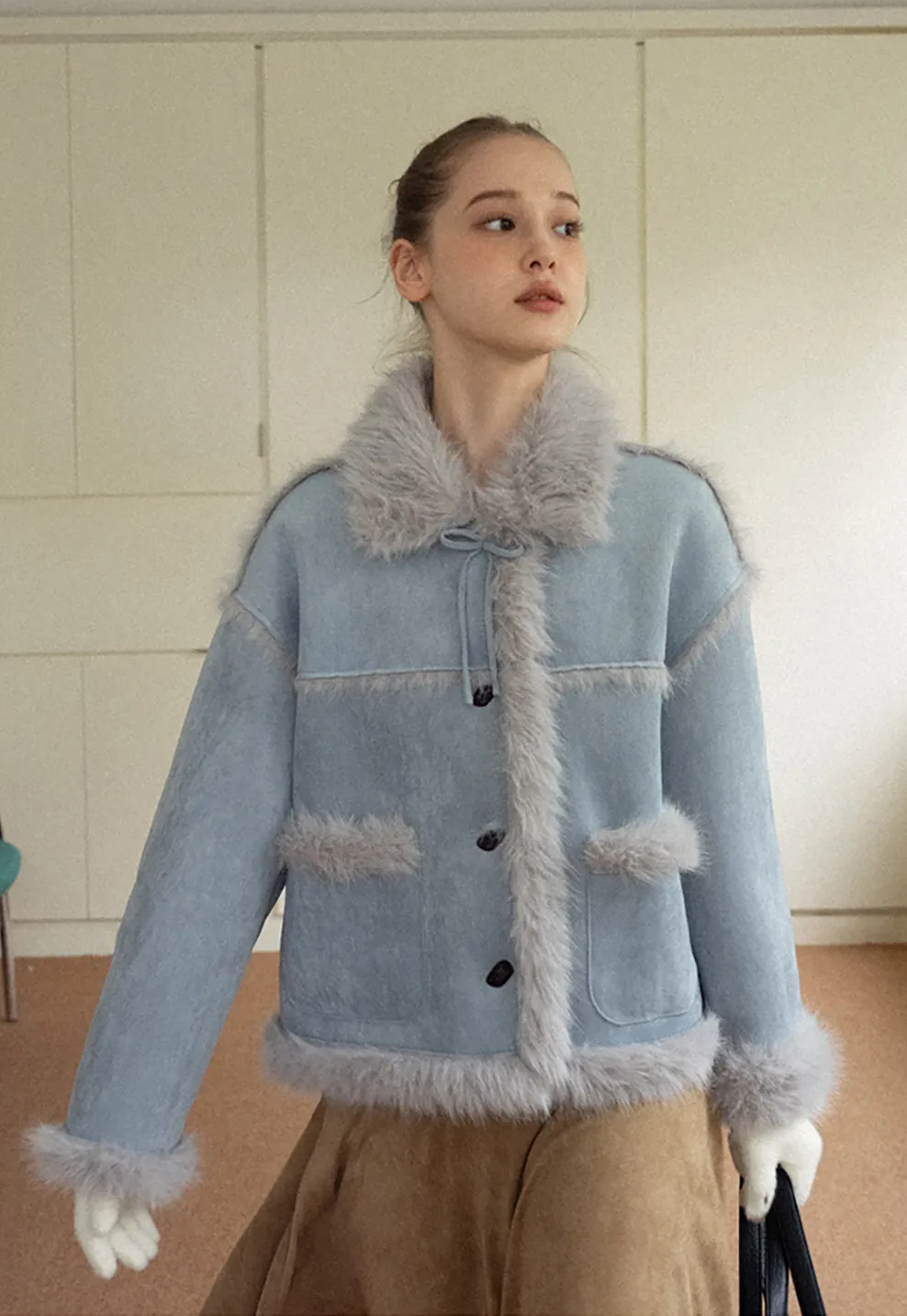 Faux Suede Jacket with Faux Fur Trim