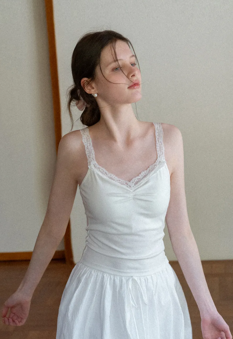 Lace Trimmed V Neck Camisole with Ruched Detail
