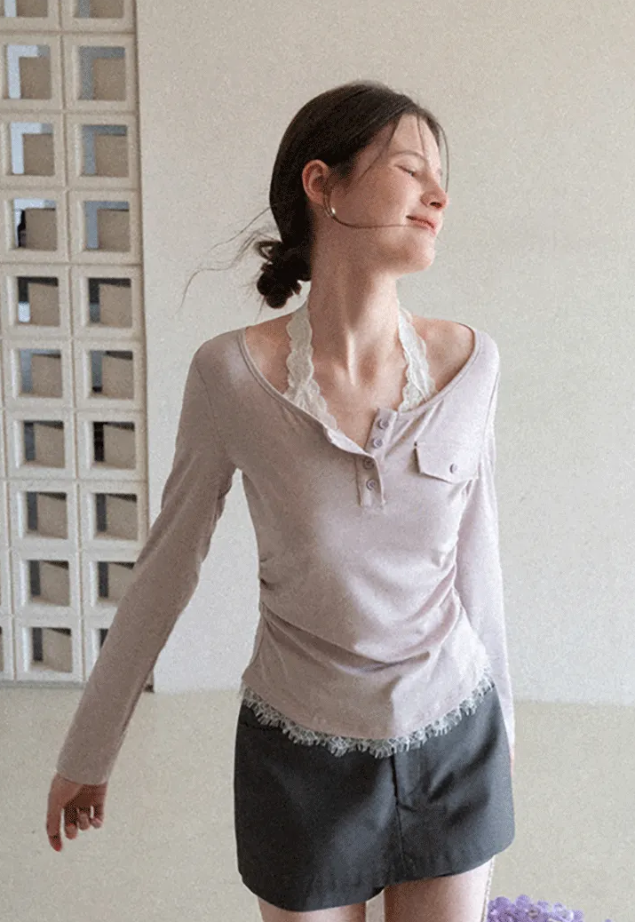 Long sleeve Henley top with lace trim