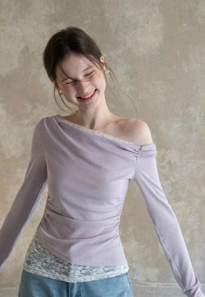 Off shoulder long sleeve top with lace trim