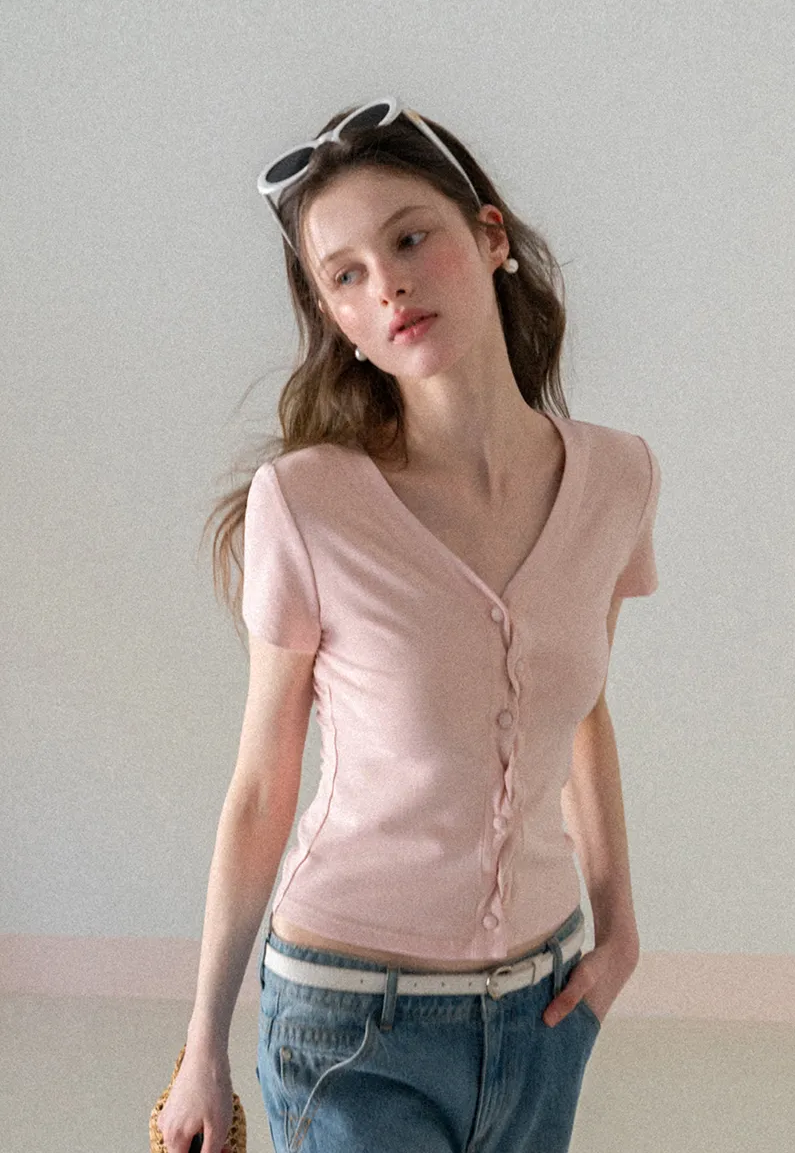 V neck short sleeve button front top