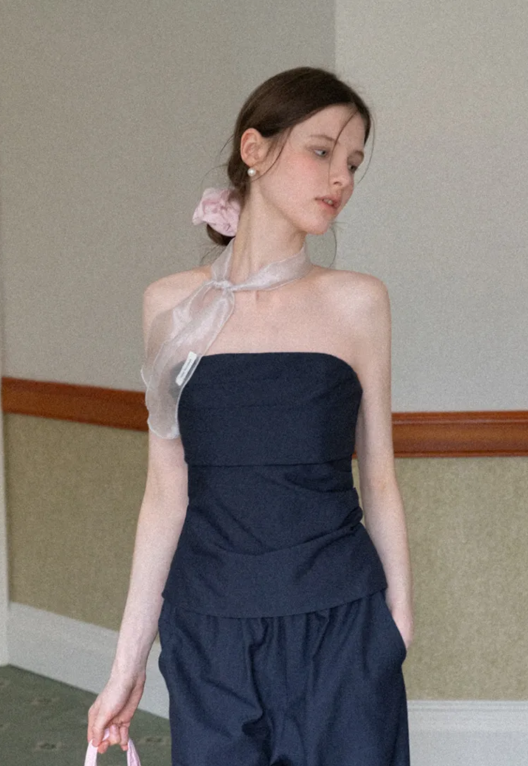 Strapless top with sheer neck tie and loose fit pants