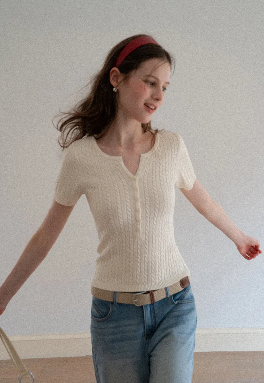 Cable Knit Short Sleeve V Neck Sweater