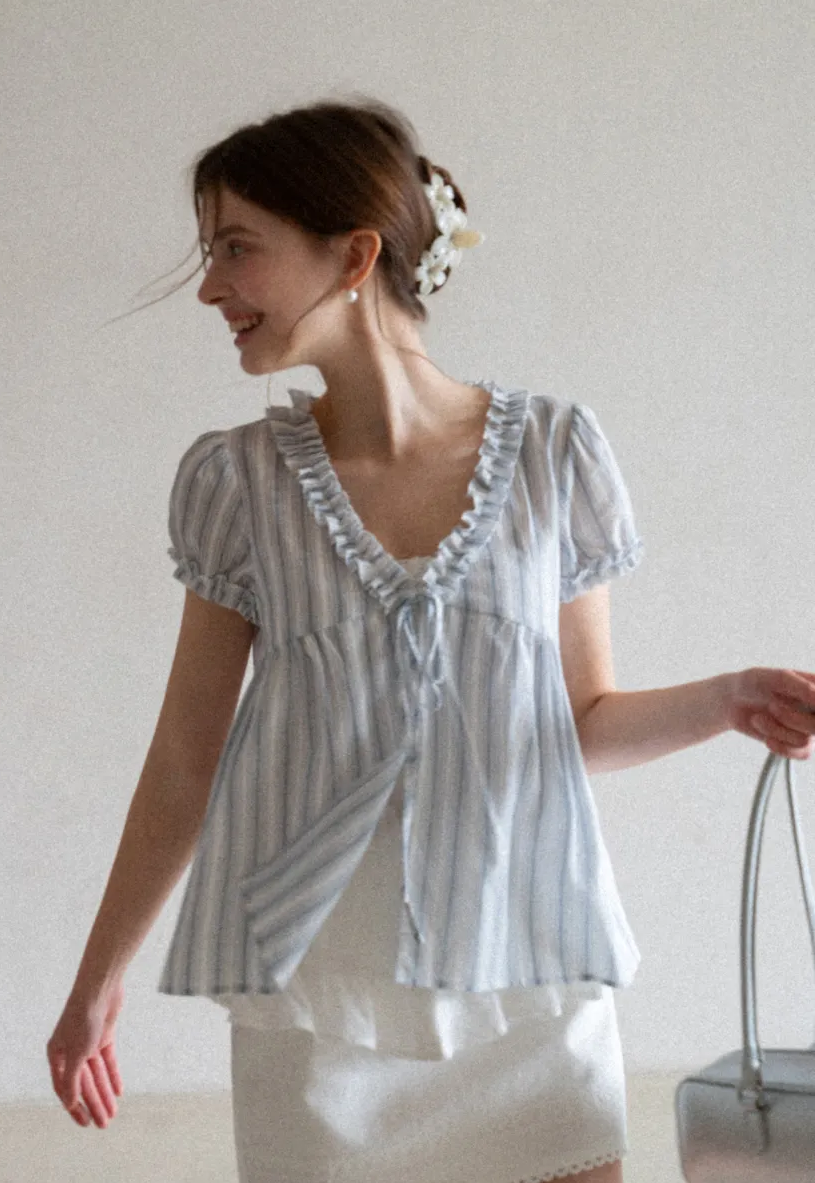 Striped short sleeve blouse with ruffled V neck
