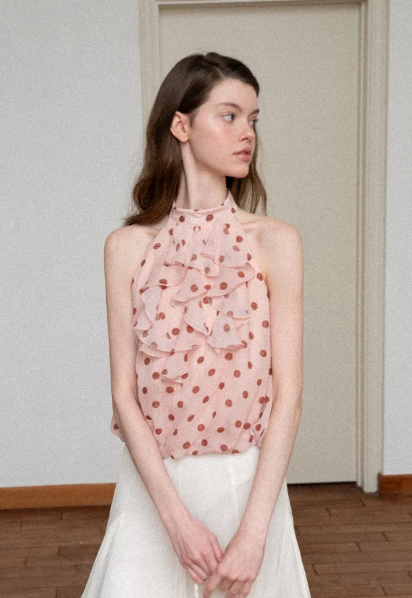 Ruffled Halter Neck Polka Dot Chiffon Tank Top