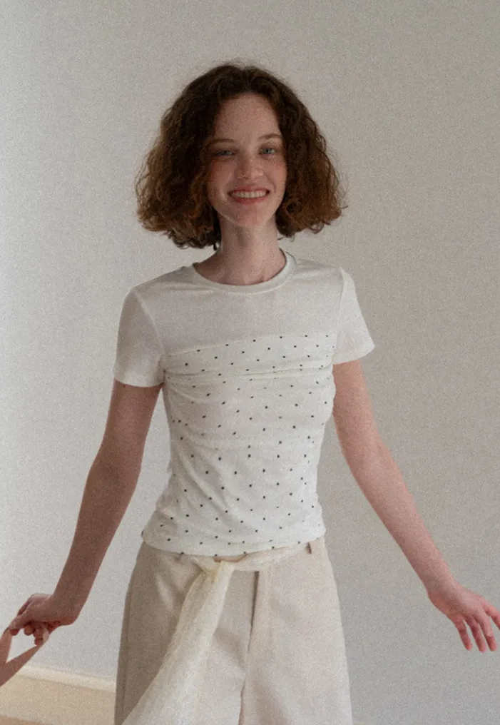 Polka Dot Mesh Panel Short Sleeve T Shirt