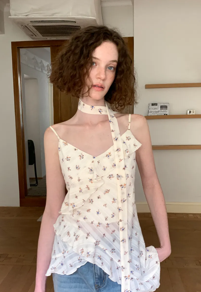 Floral Print Ruffled Asymmetrical Choker Tank Top
