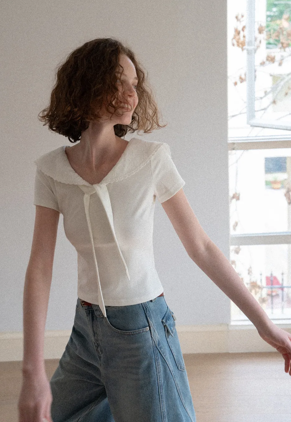 Scalloped Collar Tie Front Short Sleeve T Shirt