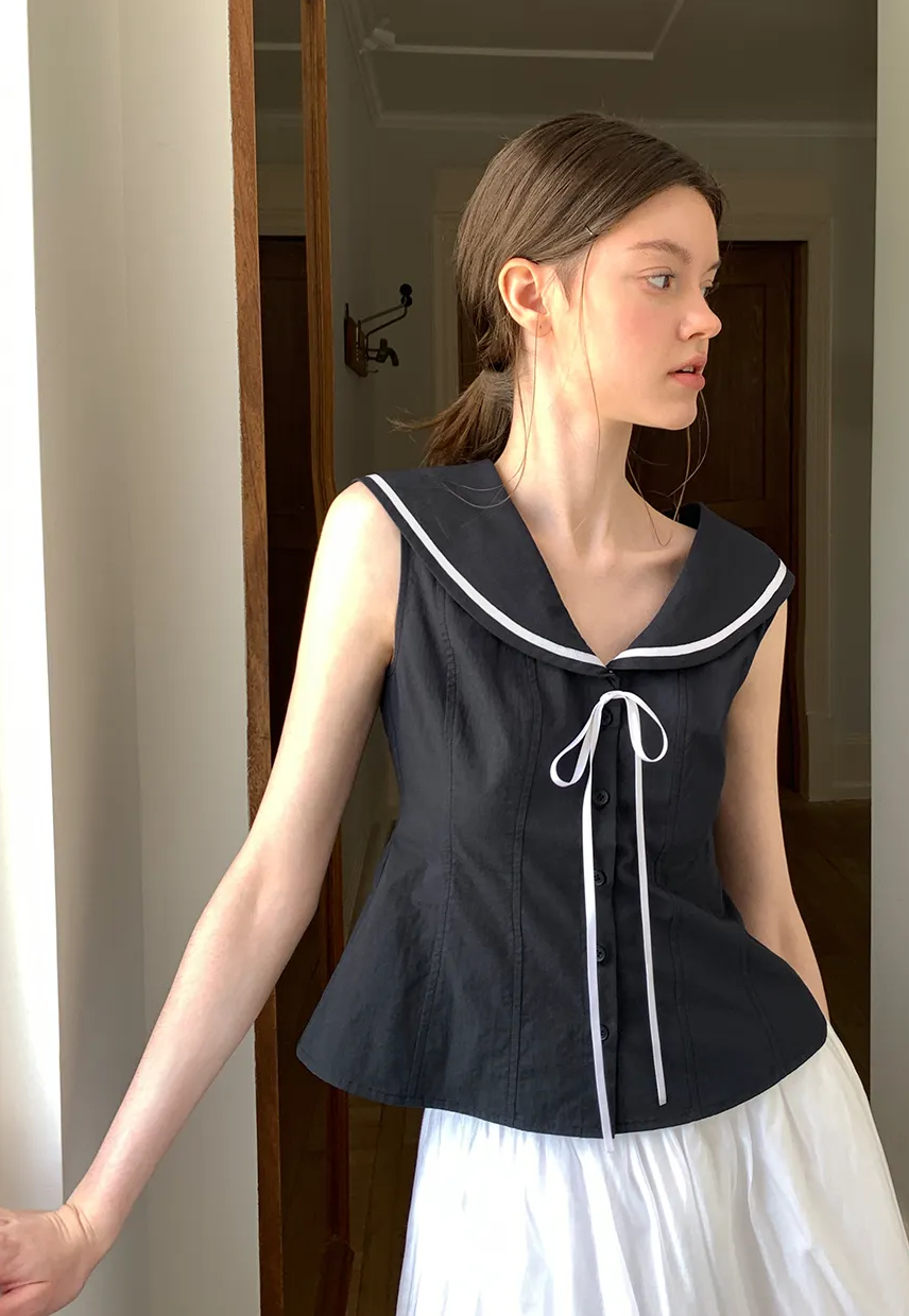 Sailor Collar Drawstring Front Sleeveless Top