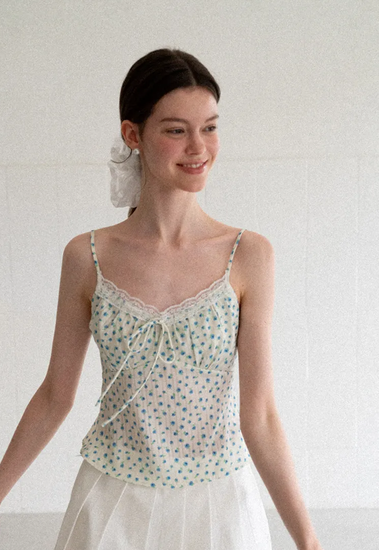 Lace Trim Polka Dot Drawstring Tank Top