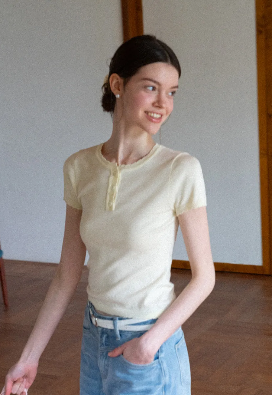 Ruffled Placket Short Sleeve Woolen Knit Sweater