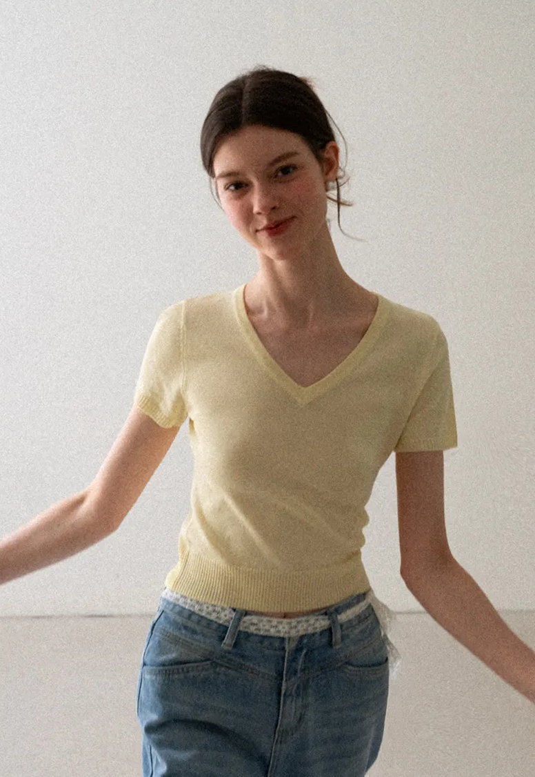 V Neck Short Sleeve Ribbed Knit Sweater