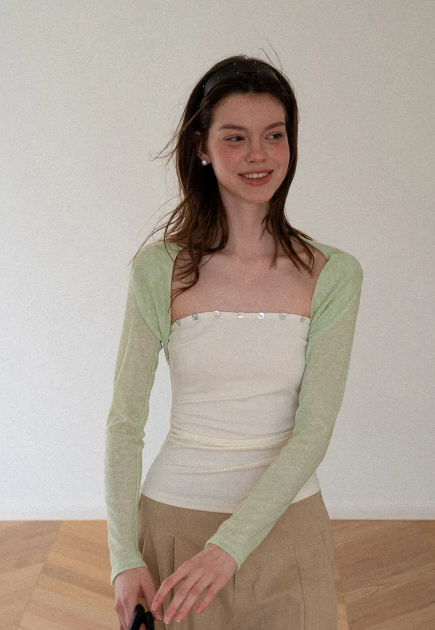 Square Neck Strapless Top With Pearl Detail Long Sleeve Cardigan Set