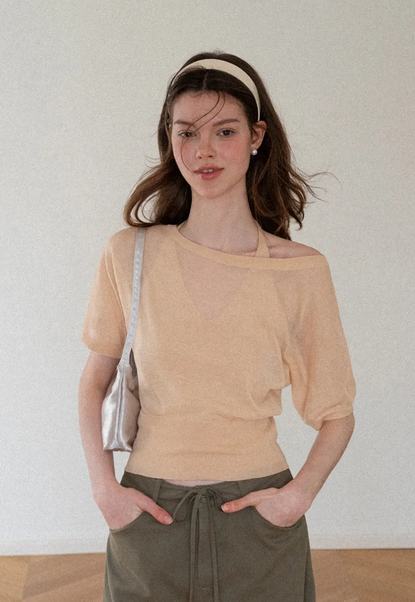 Asymmetrical Neck Cropped Woolen Knit Sweater