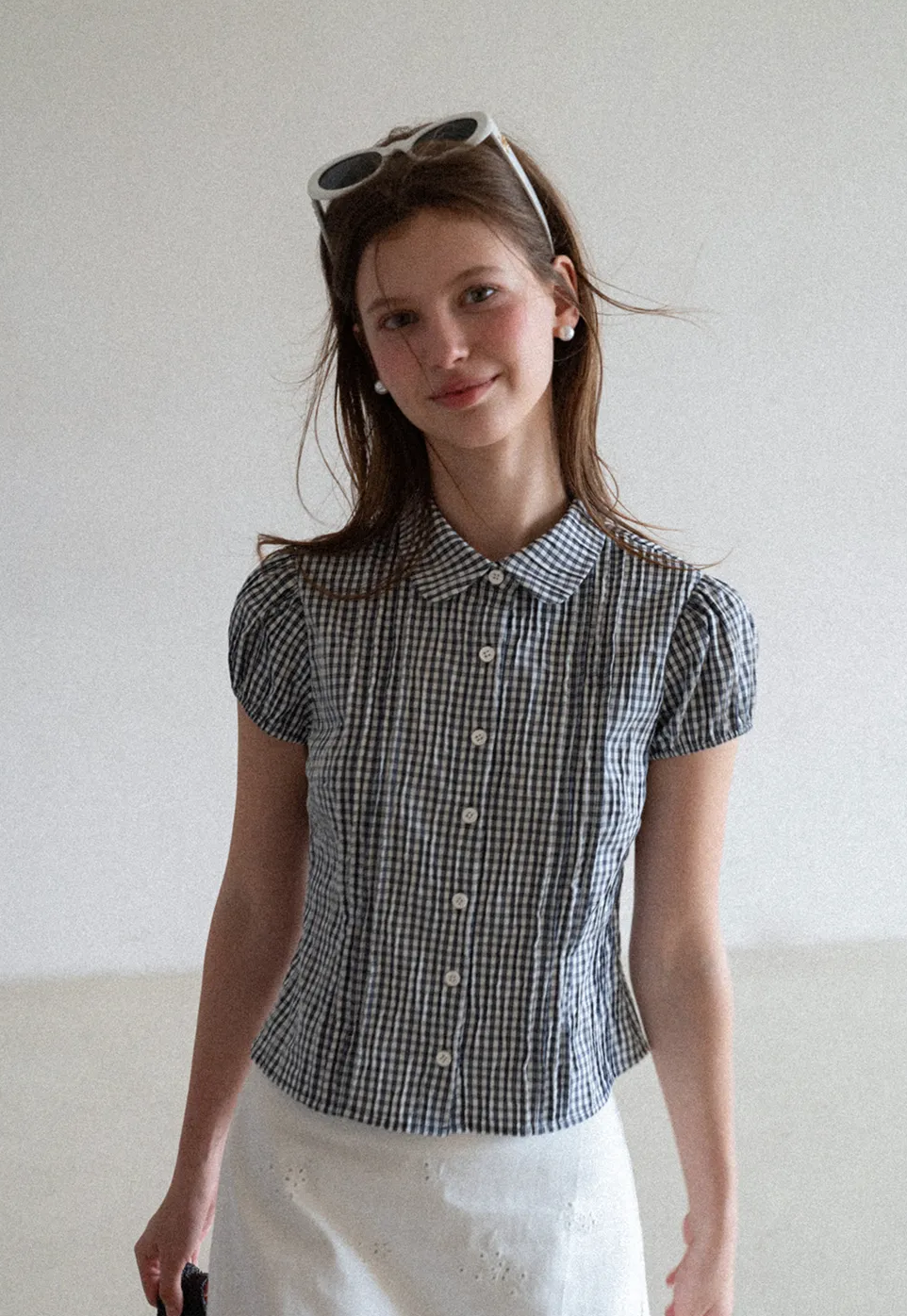 Gingham Check Puffed Sleeve Button Down Shirt