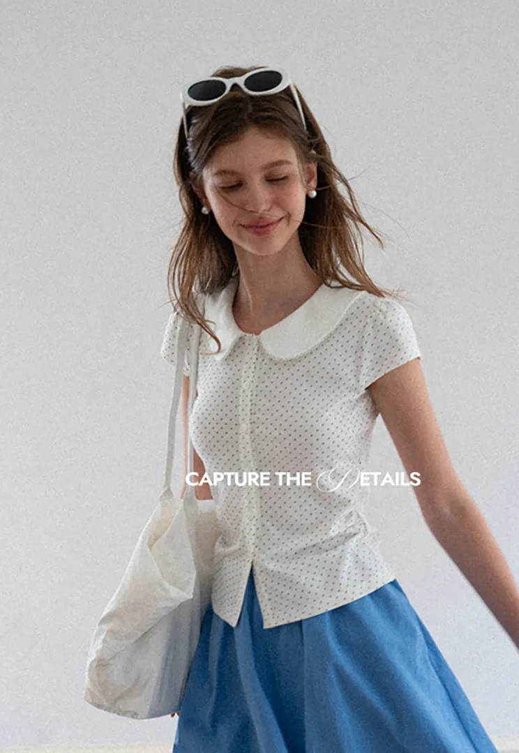 Polka Dot Print Peter Pan Collar Button Front Tshirt