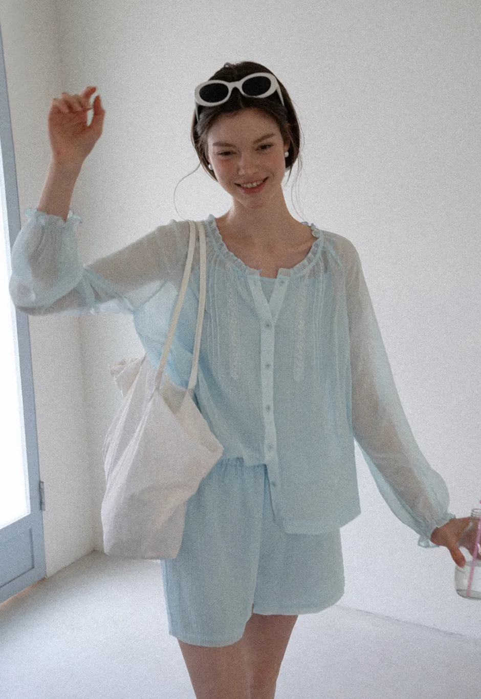 Sheer Ruffled Collar Button Up Shirt and Shorts Set