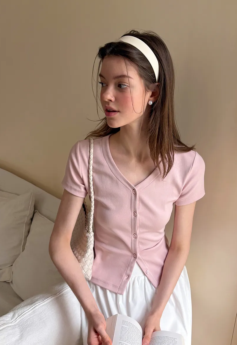 V Neck Button Front Short Sleeve Knit Top