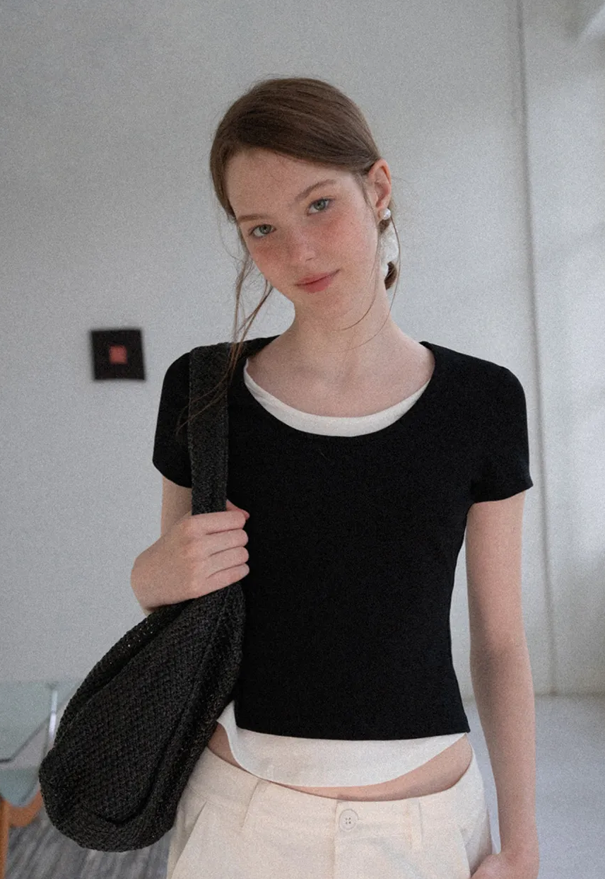 Cropped Layered Neck Short Sleeve Tshirt