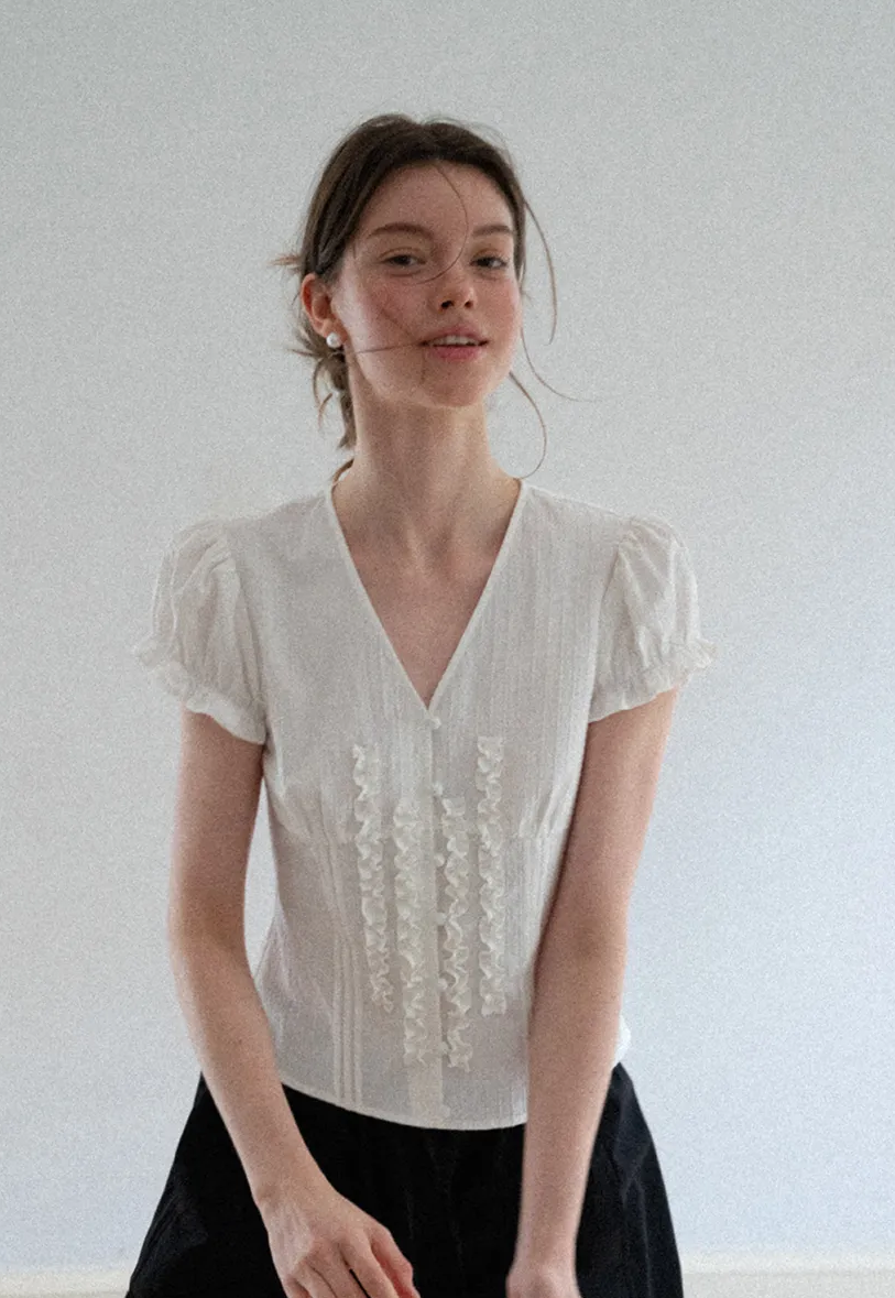 Ruffled Trim V Neck Puff Sleeve Blouse