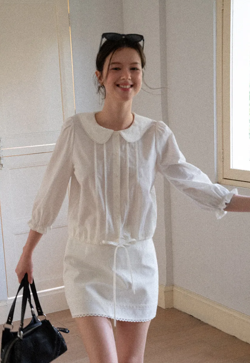 Peter Pan Collar Puffed Sleeve Drawstring Shirt