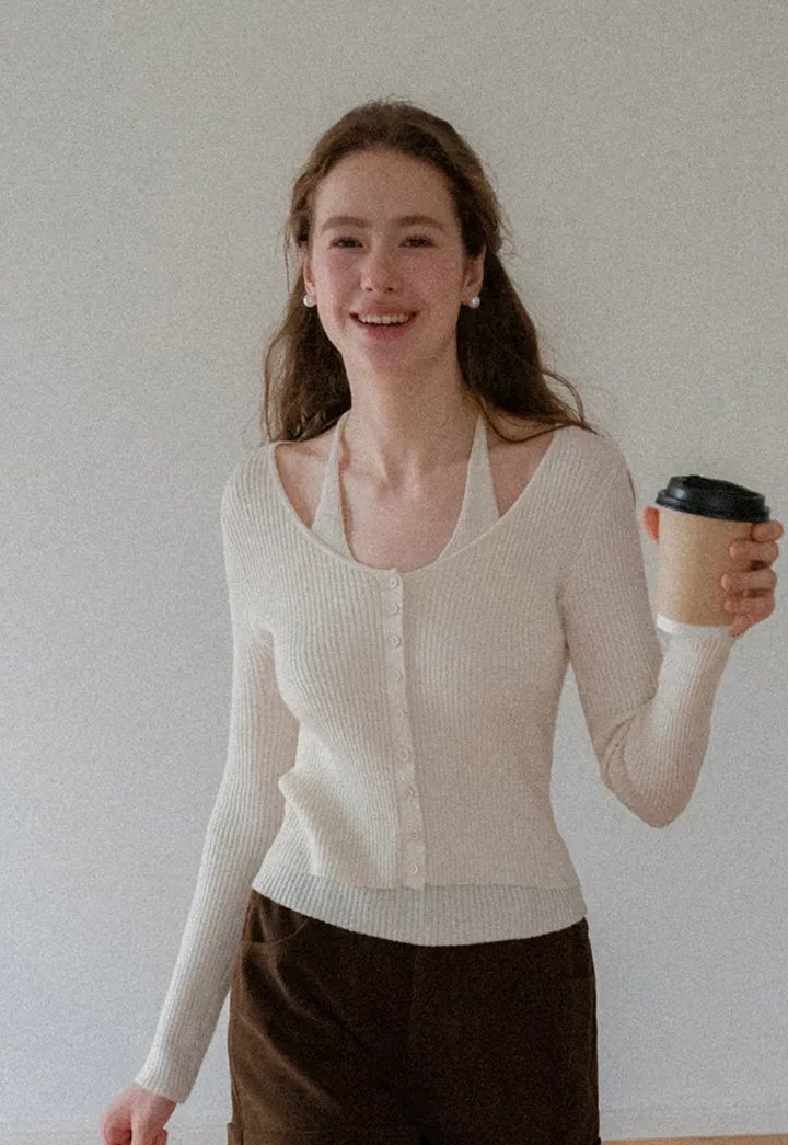 Ribbed Knit Halter Neck Button Front Cardigan