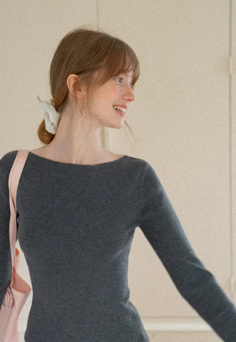 Square Neck Long Sleeve Wool Knit Sweater
