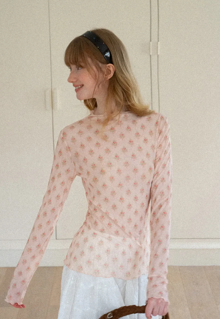 Floral Print Sheer Long Sleeve Wrap Top