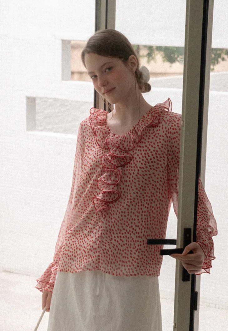 Ruffled Lace Trim Polka Dot Sheer Blouse